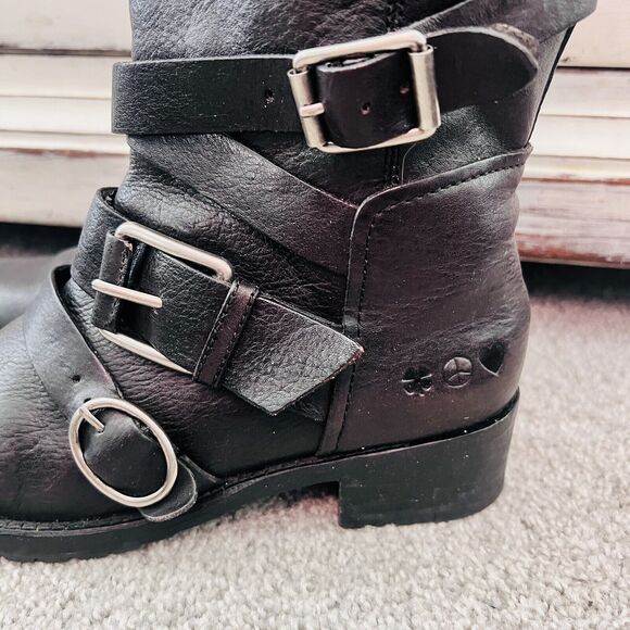 Lucky Brand Black Leather Buckled Harness Wooden Soled Riding Biker Moto Boots 8 - Picture 3 of 10